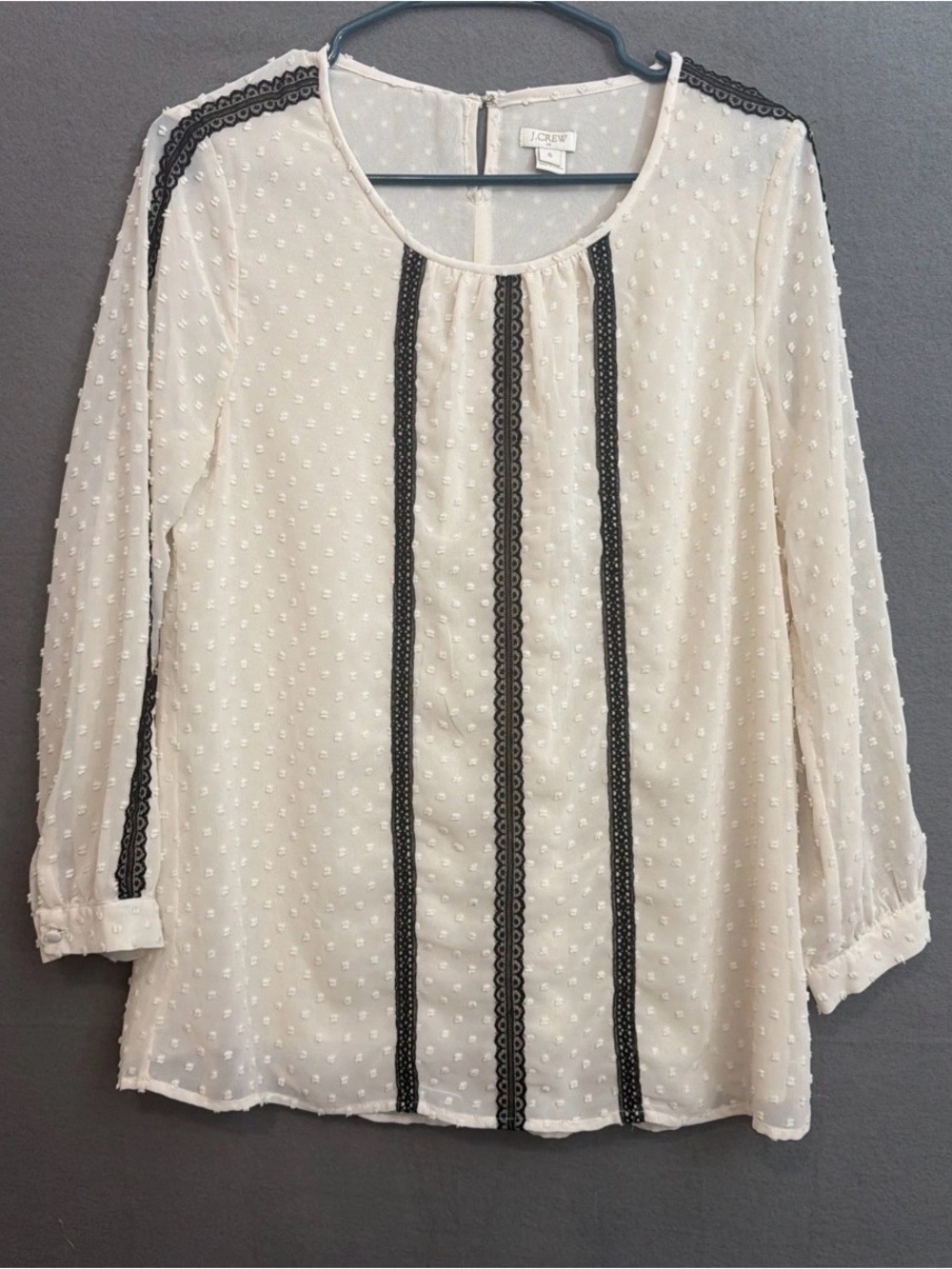 J. Crew Ivory Swiss Dot Top with Black Lace StripesSz6 coquette, whimsical roman